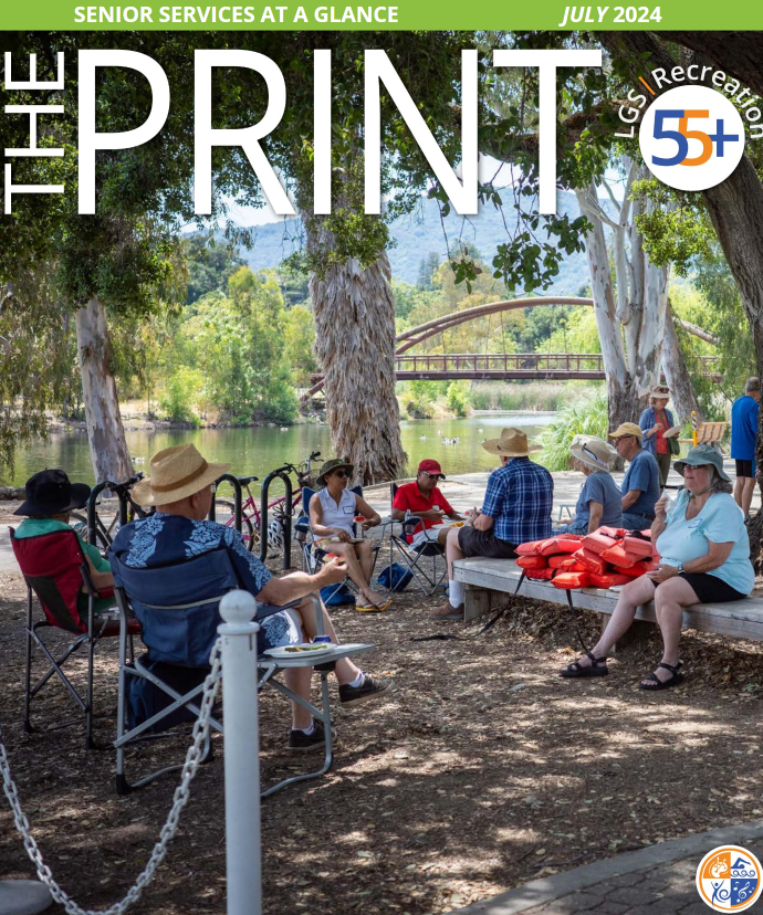 July 2024 print cover senioprs in a group circle near lake vasona