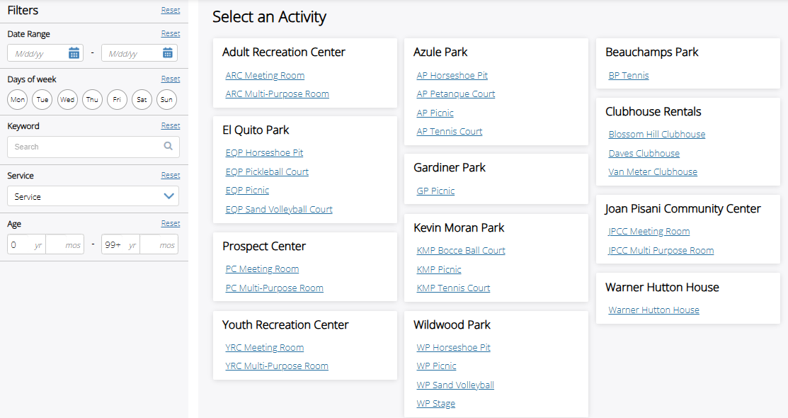 All facility rentals screenshot