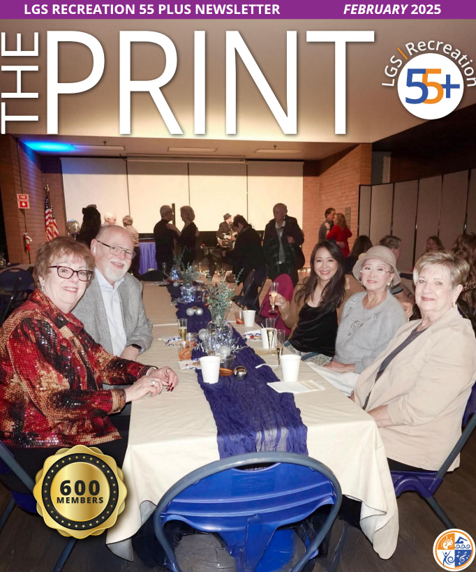 February 2025 PRINT cover - seniors sitting at a long table at social dance event